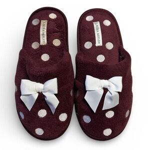 Laura Ashley Burgundy Slippers with White Polka Dots and Bows